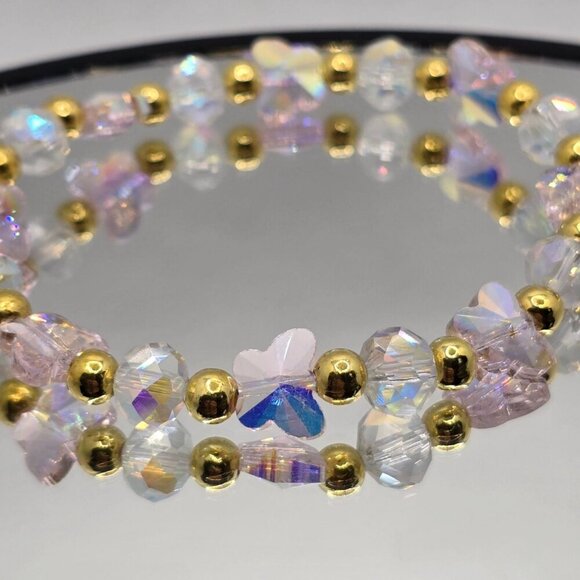 Handmade Austrian Crystal Bracelet ✦ Clear AB Rondelle Beads + Pink Butterflies - Picture 4 of 9